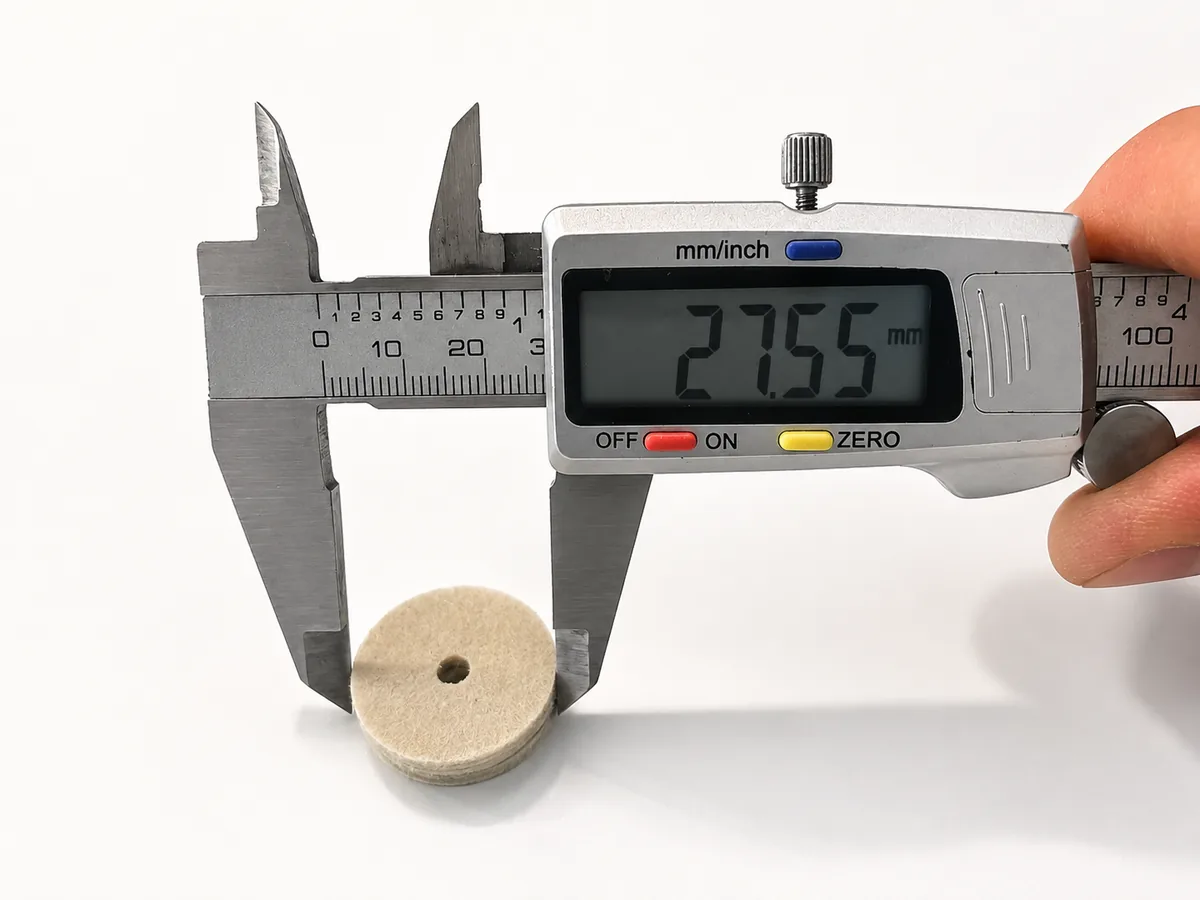 Digitaler Messschieber misst den Außendurchmesser einer Filz-Bremsscheibe einer Angelrolle: 27,55 mm